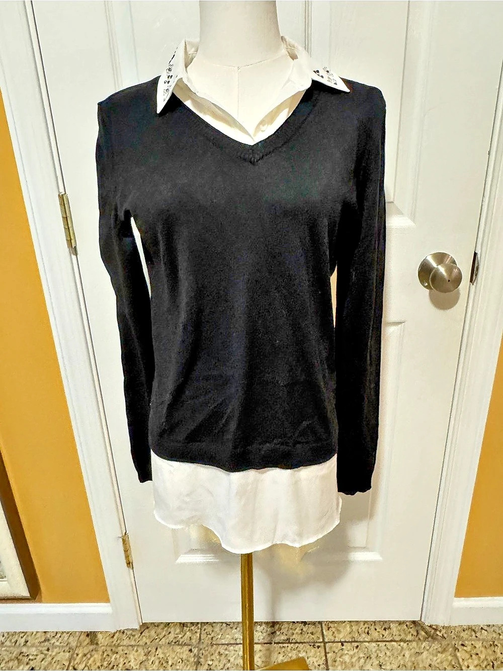 Adrianna Papell Twofer Layered Rhinestone Collar Sweater Black & White Small